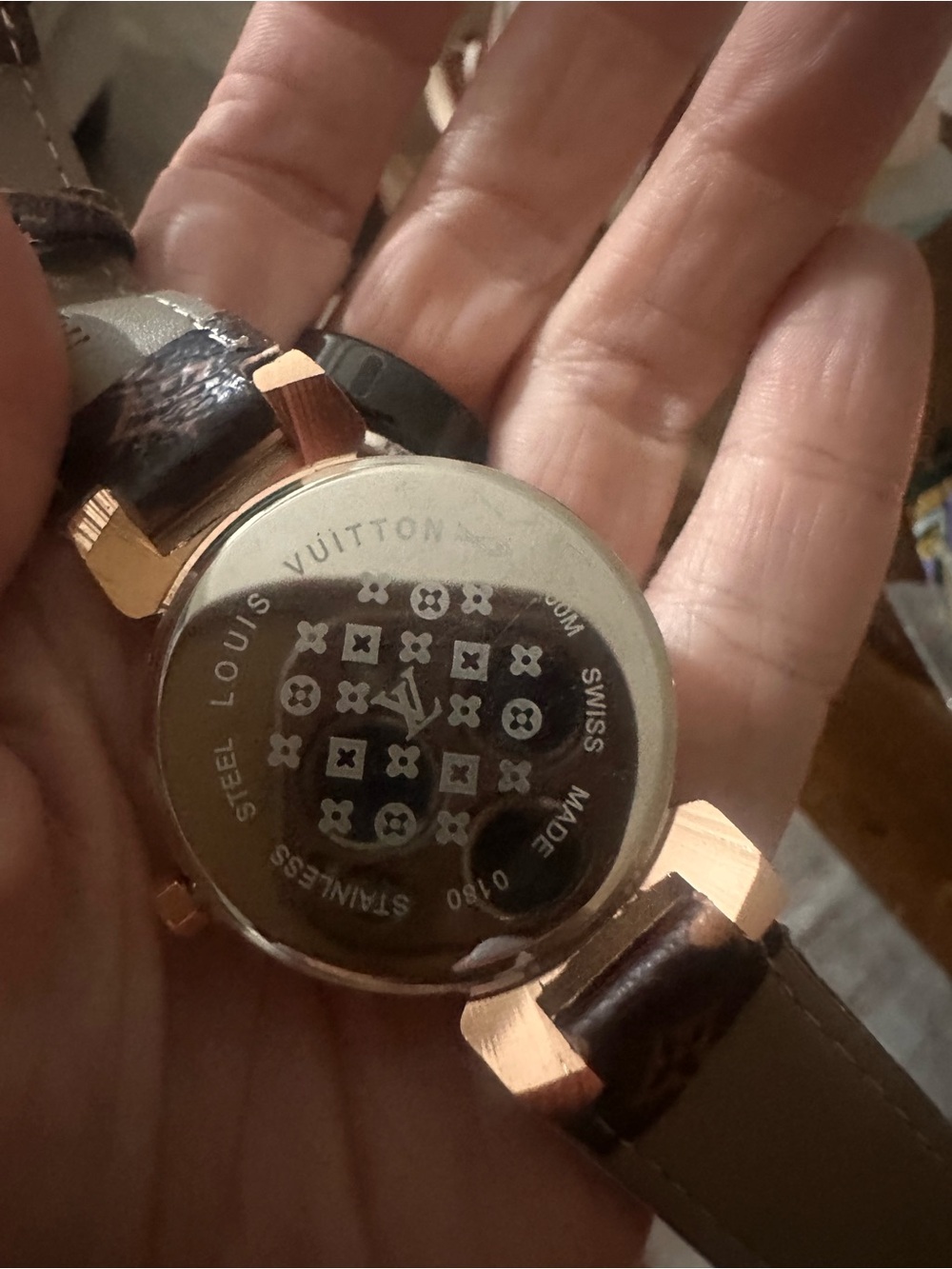 Source Unknown Gold Crystal Watch with Brown Monogram Strap & Gold LV Bracelet - Picture 9 of 15
